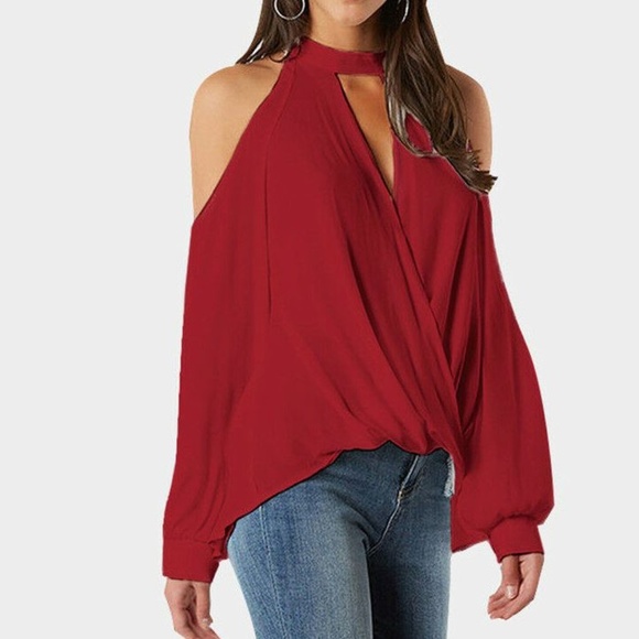 Tops - COLD SHOULDER CHOKER V-NECK (RED)